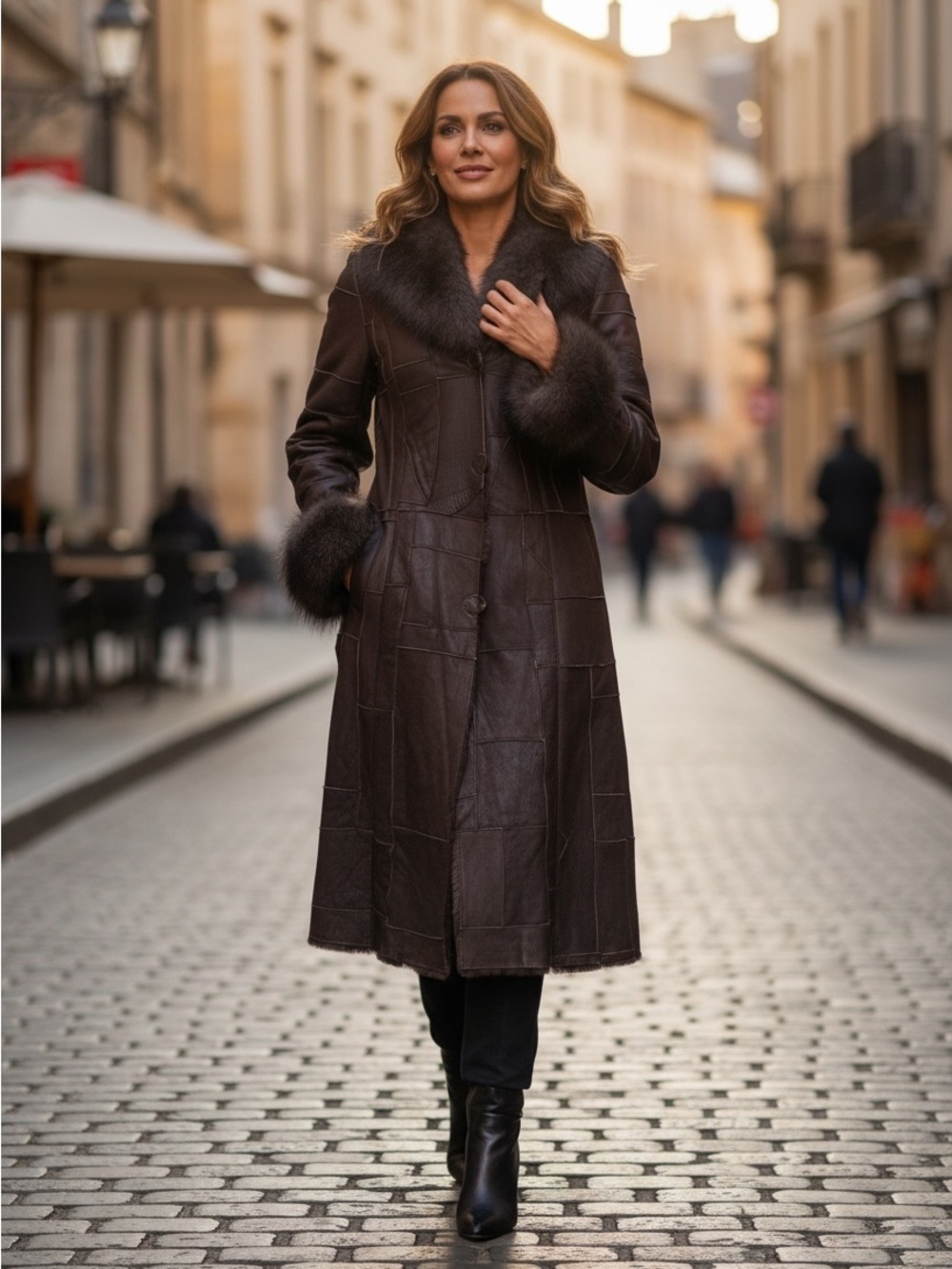 Moncada Sheepskin Fox Fur Patchwork Long Coat Brown Size Medium